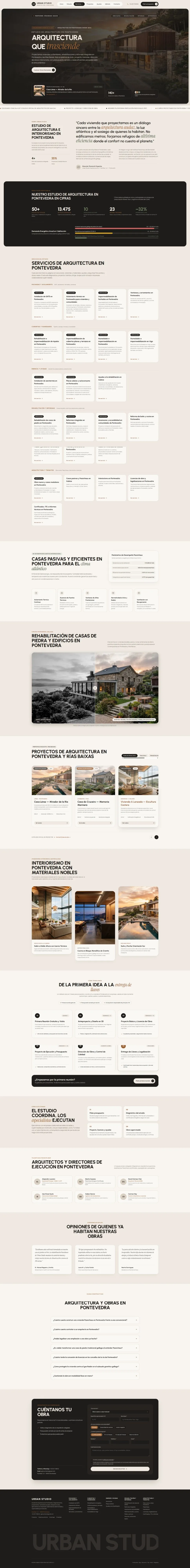 Página de inicio completa de Urban Studio, estudio de arquitectura en Pontevedra: servicios, proyectos, proceso, equipo y formulario